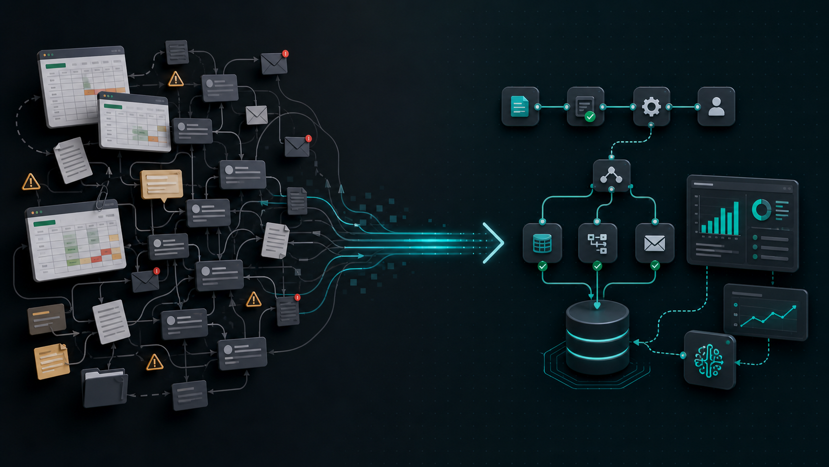Messy spreadsheets and manual handoffs transforming into a clean automated workflow with database, dashboard, communication, and AI support